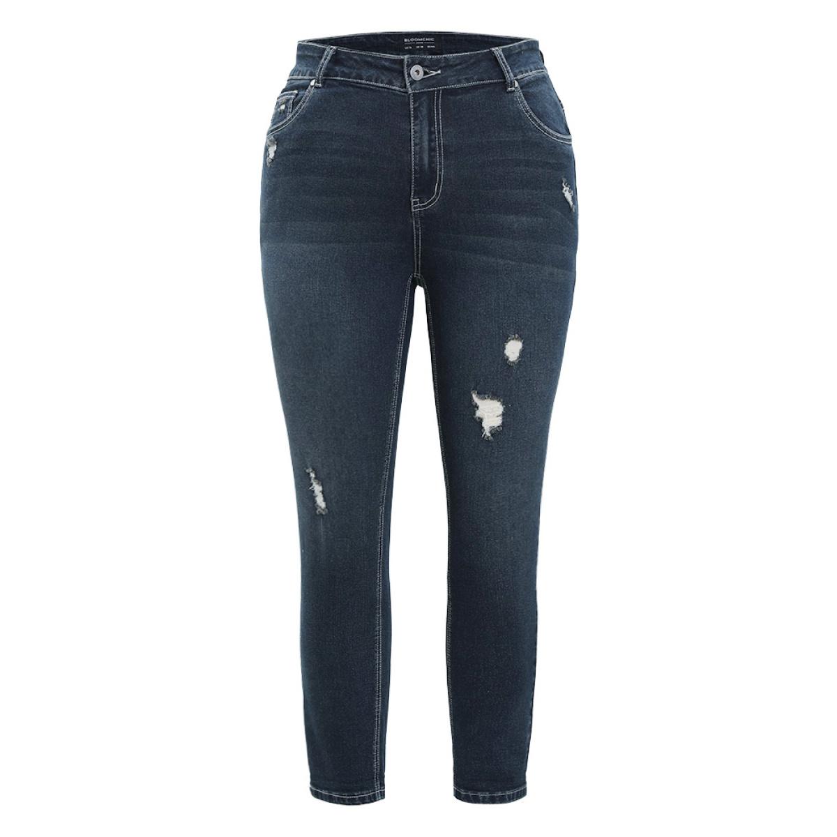 Plus Size Very Stretchy High Rise Dark Wash Distressed Stitch Jeans Women Midnight Casual Plain Roll Hem High stretch Jeans BloomChic 12/L Product Image