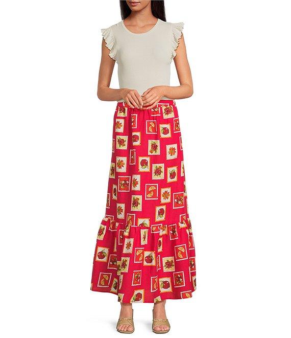 Skies Are Blue Printed Linen Blend Tiered Coordinating Maxi Skirt Product Image