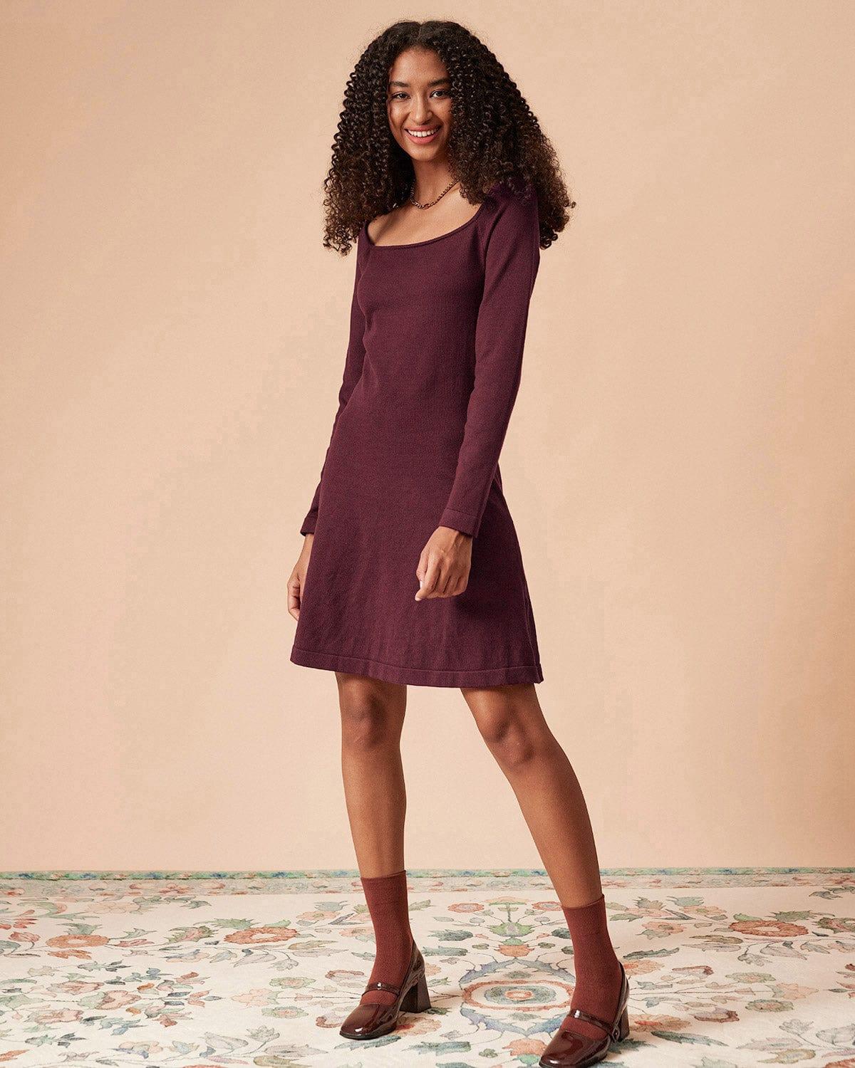 The Red Square Neck Long Sleeve Sweater Dress Product Image