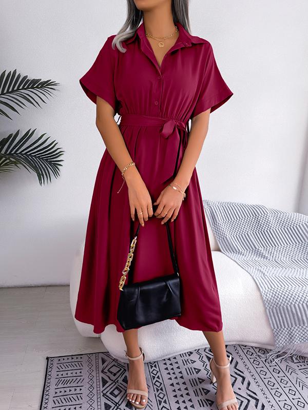 Loose Short Sleeves Solid Color Split-Joint Tied Waist Lapel Midi Dresses Shirt Dress Product Image