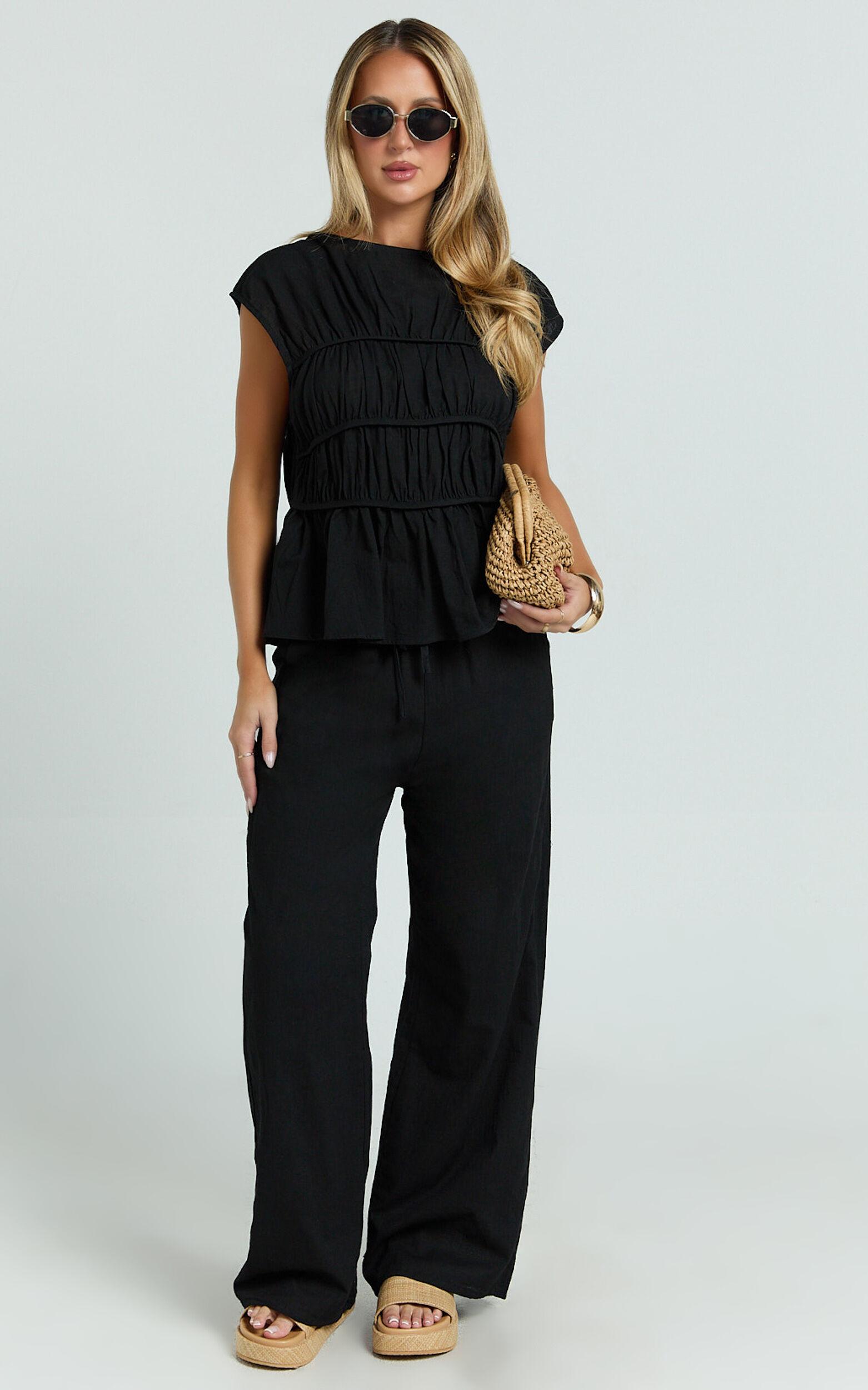 Auric Two Piece Set - Ruched Detail Top and Wide Leg Pants Set in Black Product Image