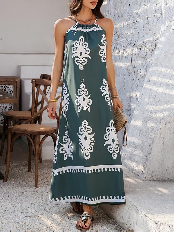 A-Line Loose Contrast Color Halter-Neck Maxi Dresses Product Image