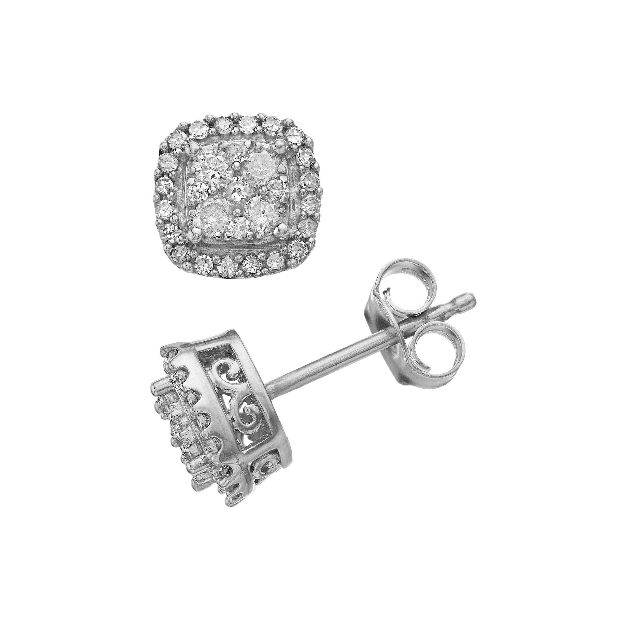 Sterling Silver 1/2 Carat T.W. Diamond Square Shape Halo Stud Earrings, Women's Product Image