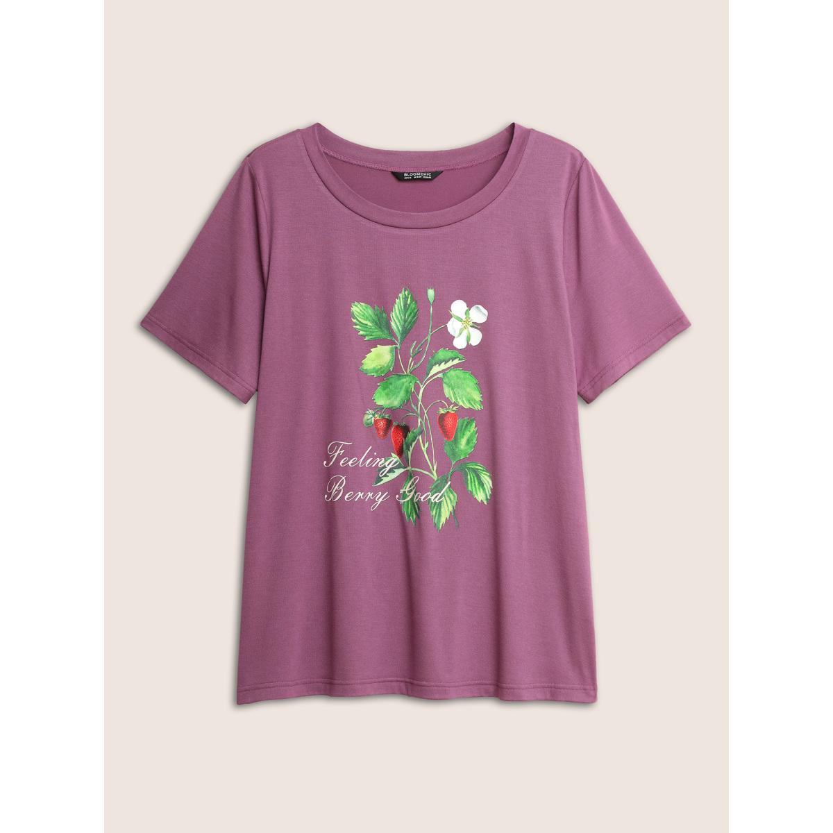Plus Size Strawberry Print Round Neck T-shirt Purple Women Casual Non Natural Flowers Everyday T-shirts BloomChic 22-24/3X Product Image