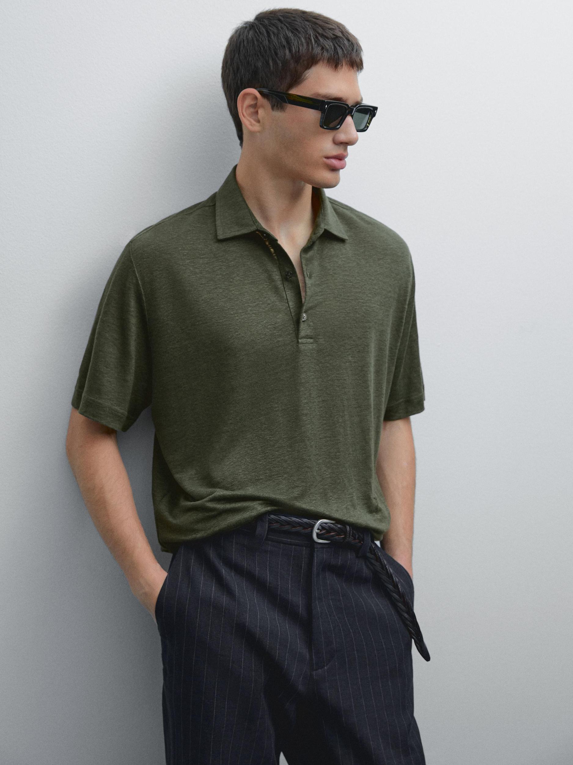 100% linen short sleeve polo shirt Product Image
