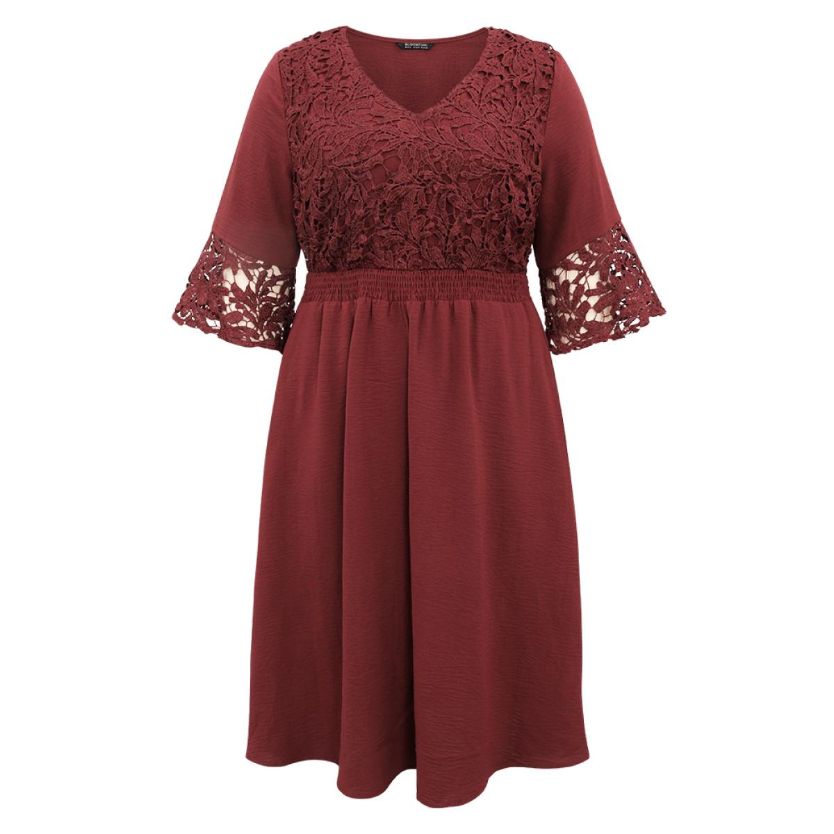 Plus Size Geometric Shirred Lace Patchwork Bell Sleeve Dress Scarlet Women Elegant Plain V-neck Elbow-length sleeve Curvy Midi Dress BloomChic 14-16/1X Product Image