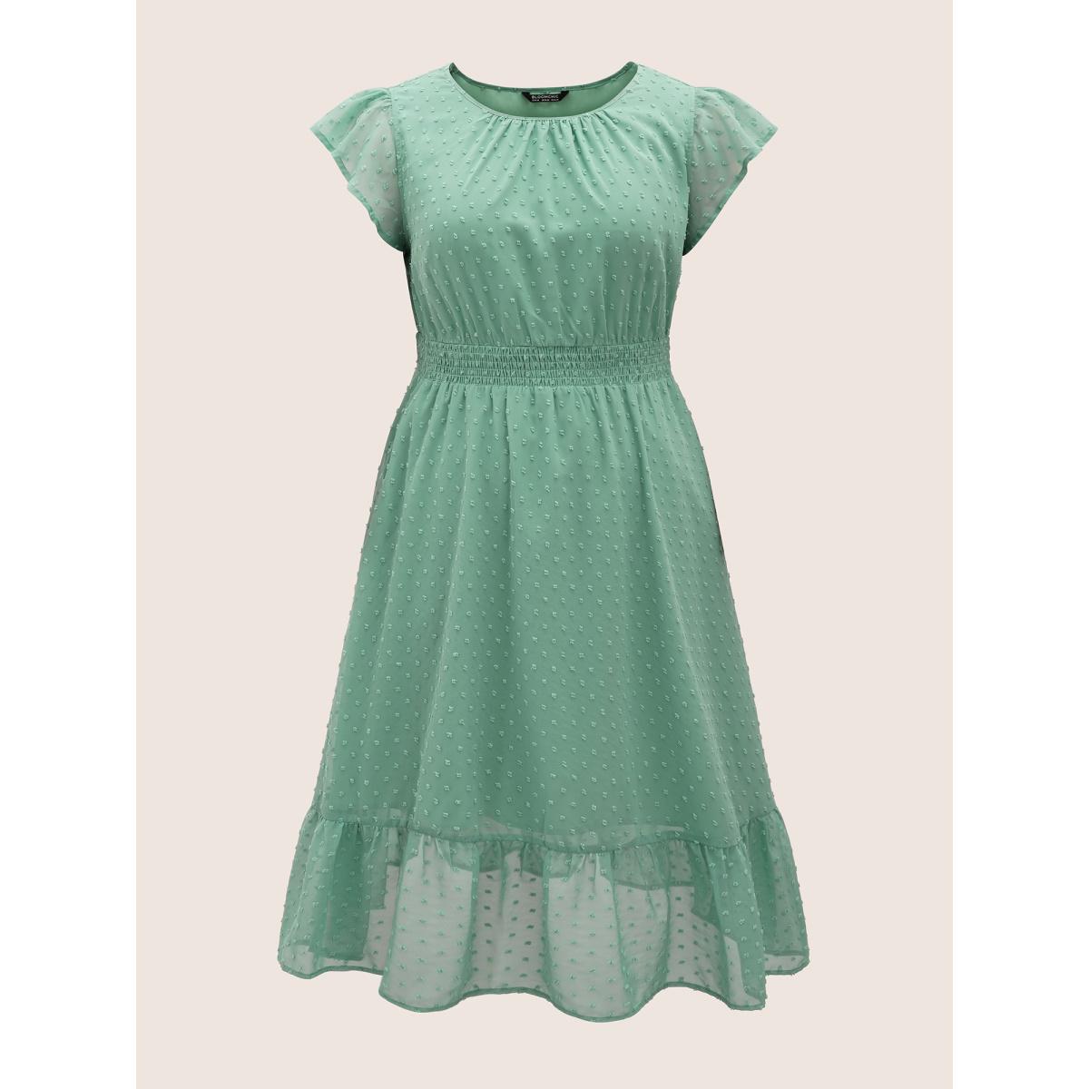 Plus Size Textured Shirred Ruffle Cap Sleeve Dress Aquamarine Women Elegant Texture Round Neck Cap Sleeve Curvy Midi Dress BloomChic 14-16/1X Product Image