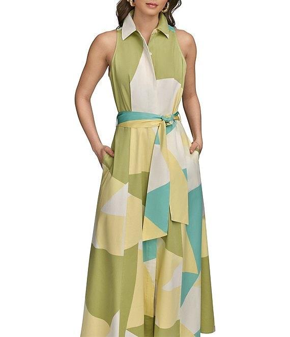 Donna Karan Sateen Button Front Collar Sleeveless Geometric Print Maxi Dress Product Image