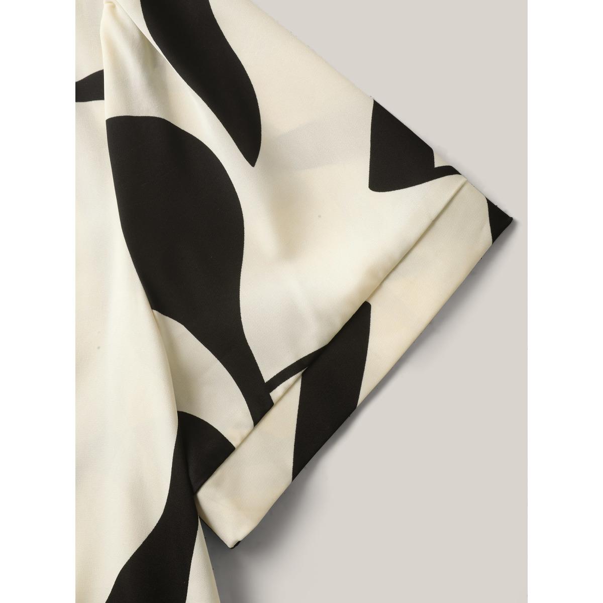 Plus Size Beige Abstract Print Knotted Blouse Women Short sleeve Flat collar with V-notch Work Blouses BloomChic 14-16/1X Product Image