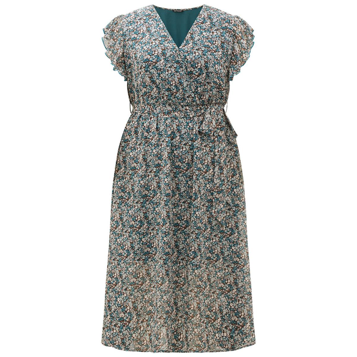 Plus Size Ditsy Floral Surplice Neck Belted Flutter Sleeve Dress Cyan Women Elegant Wrap V-neck Sleeveless Curvy Midi Dress BloomChic 28/5X Product Image