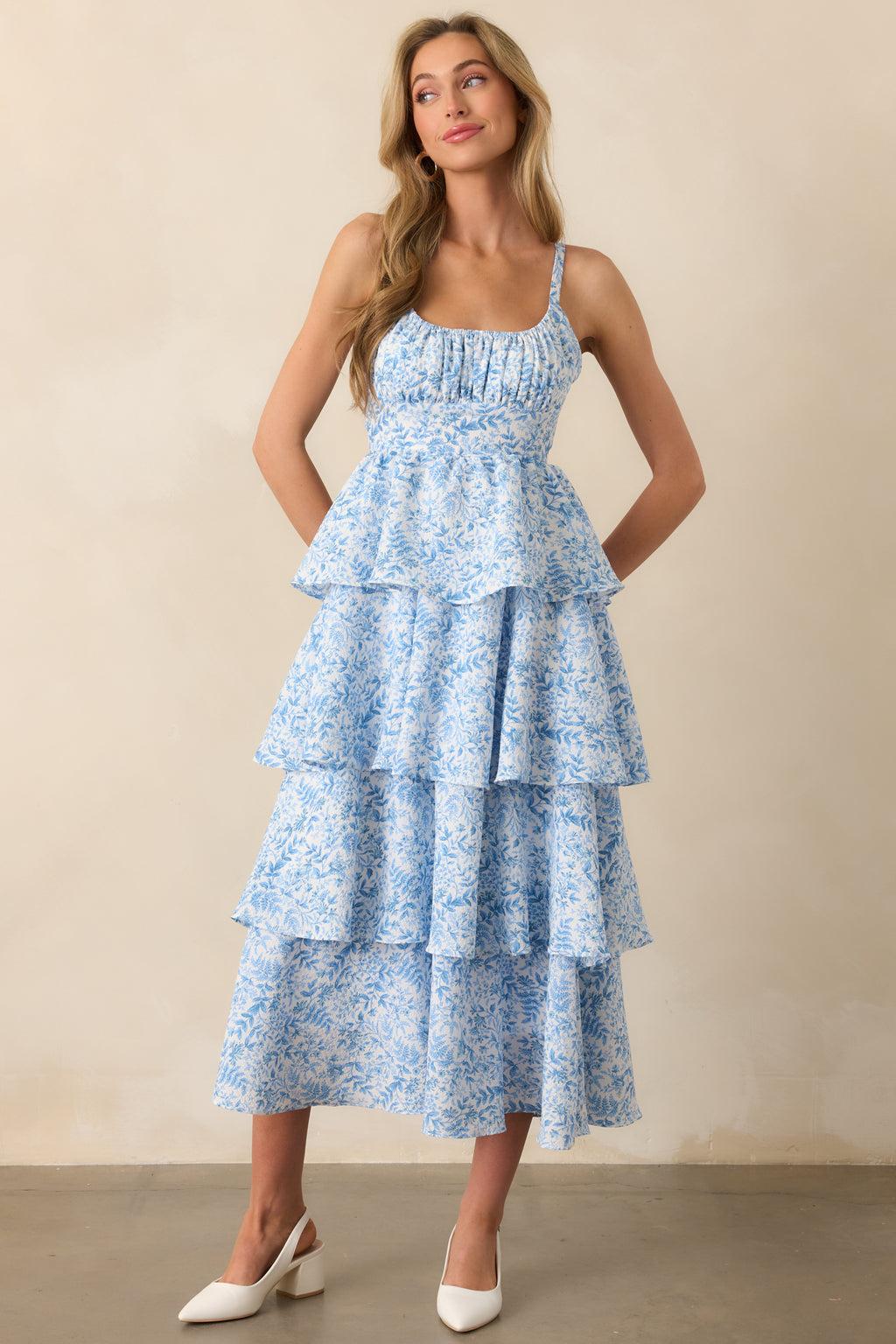 Little Bit Of Sunshine Blue Floral Tiered Maxi Dress Product Image