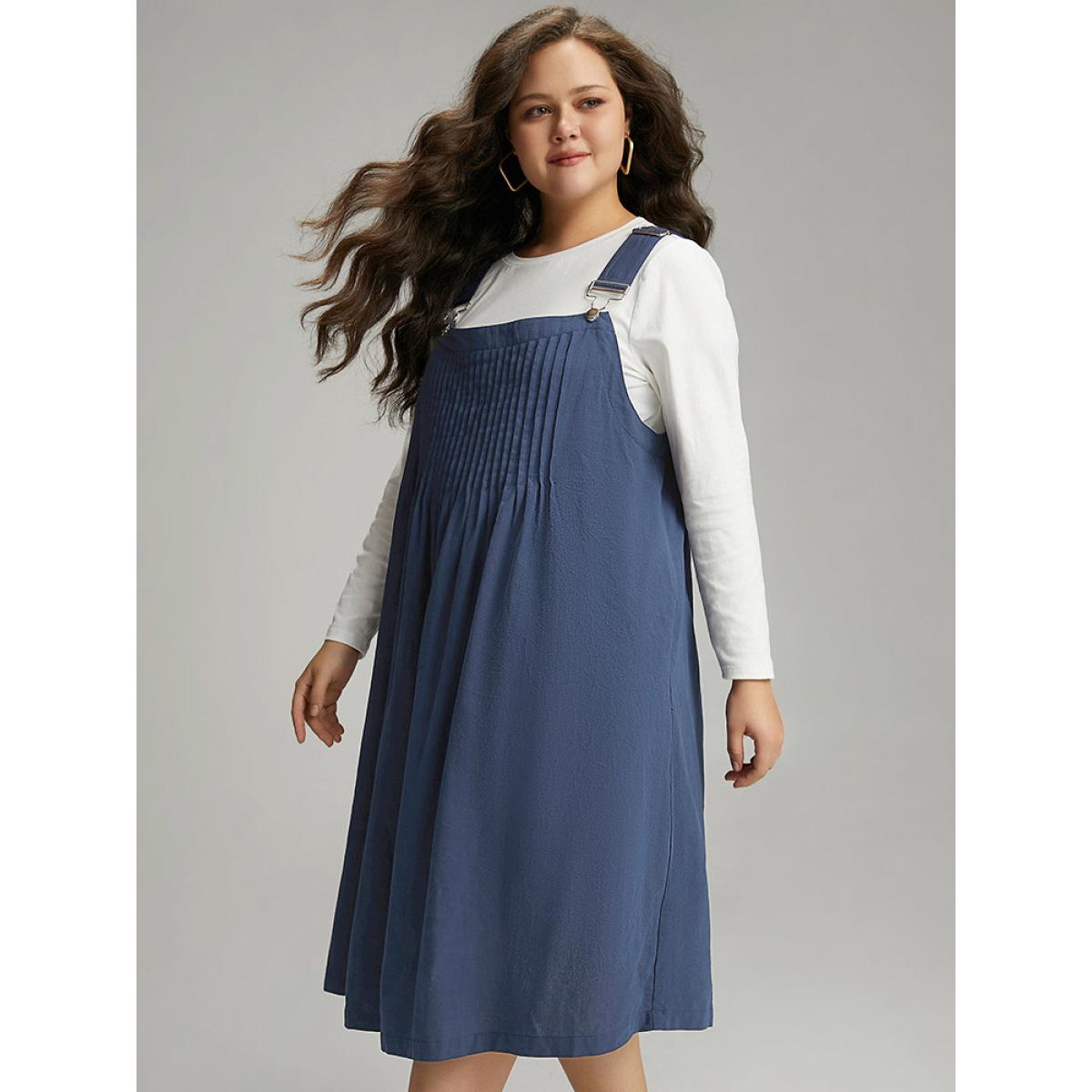 Plus Size Plain Plicated Detail Adjustable Straps Dress Indigo Women Casual Adjustable Straps Spaghetti Strap Sleeveless Curvy Midi Dress BloomChic 22-24/3X Product Image