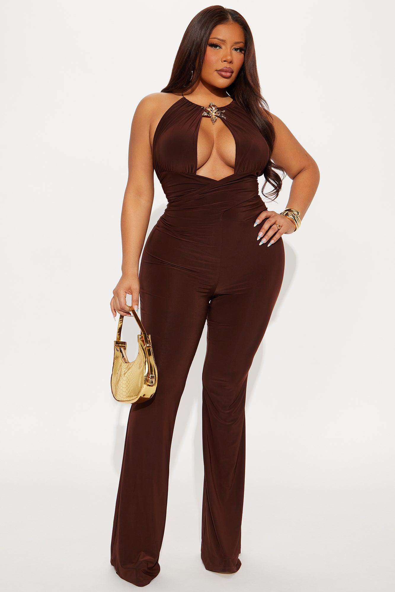 Crossing Paths Halter Jumpsuit - Chocolate Product Image