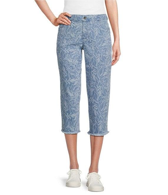 Intro Abstract Leaf Print Frayed Hem Pull-On Capri Denim Pants Product Image