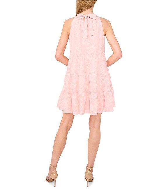 CeCe Woven Floral Print Halter Neck Sleeveless Tie Neck Mini Tiered Dress Product Image