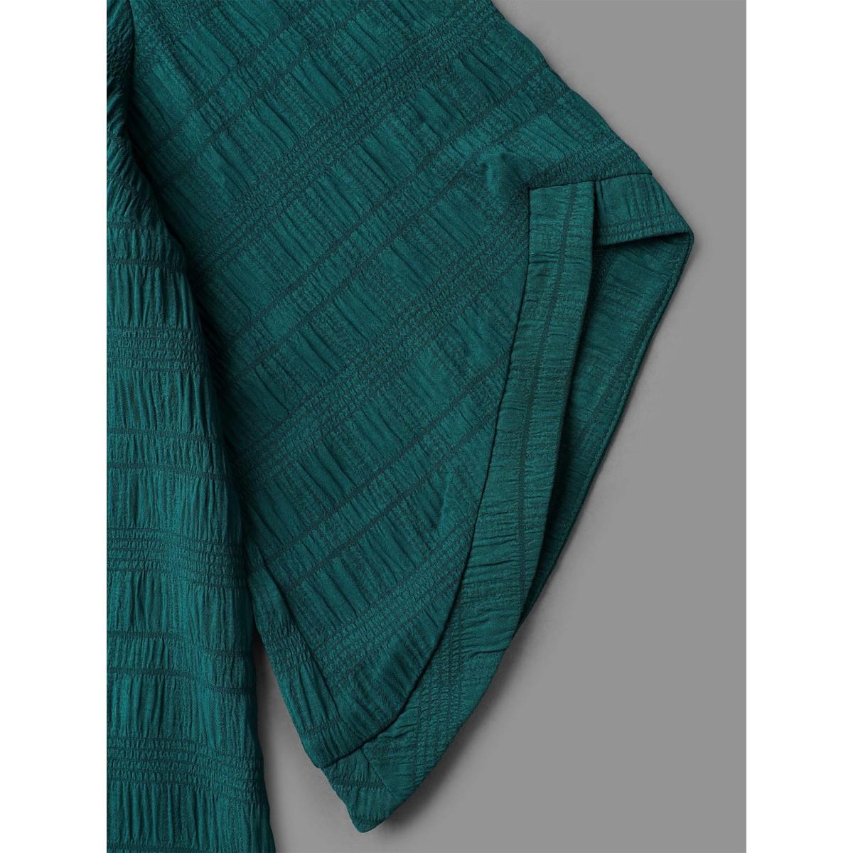 Plus Size Cyan Solid Textured Curved Hem Gathered Blouse Women Elegant Elbow-length sleeve Round Neck Everyday Blouses BloomChic 26/4X Product Image