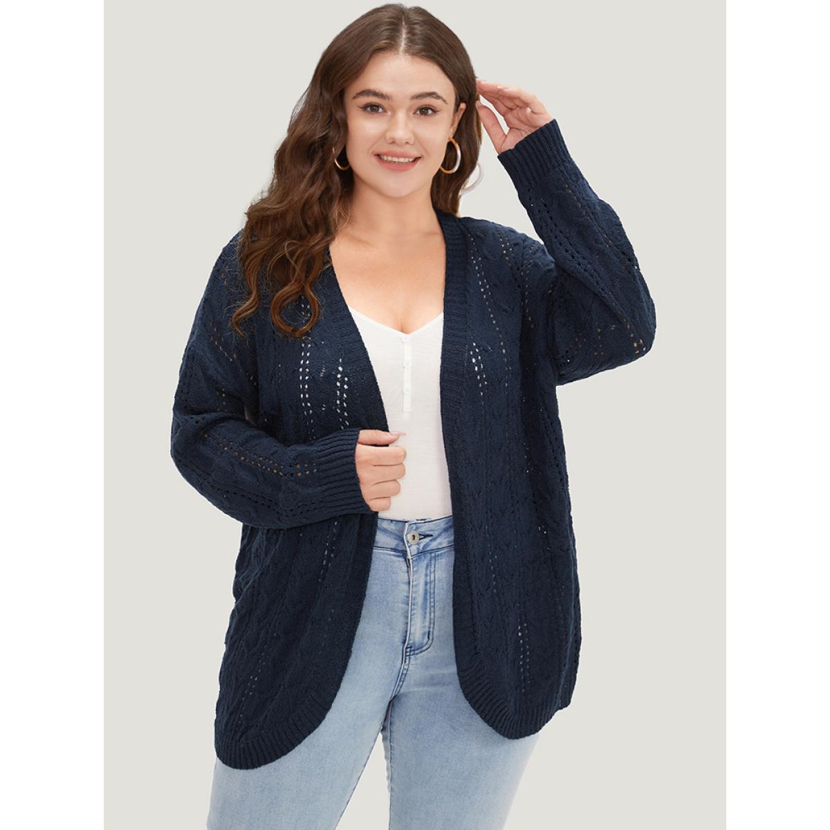 Plus Size Plain Eyelet Curved Hem Drop Shoulder Cardigan Indigo Women Casual Loose Long Sleeve Everyday Cardigans BloomChic 14-16/1X Product Image