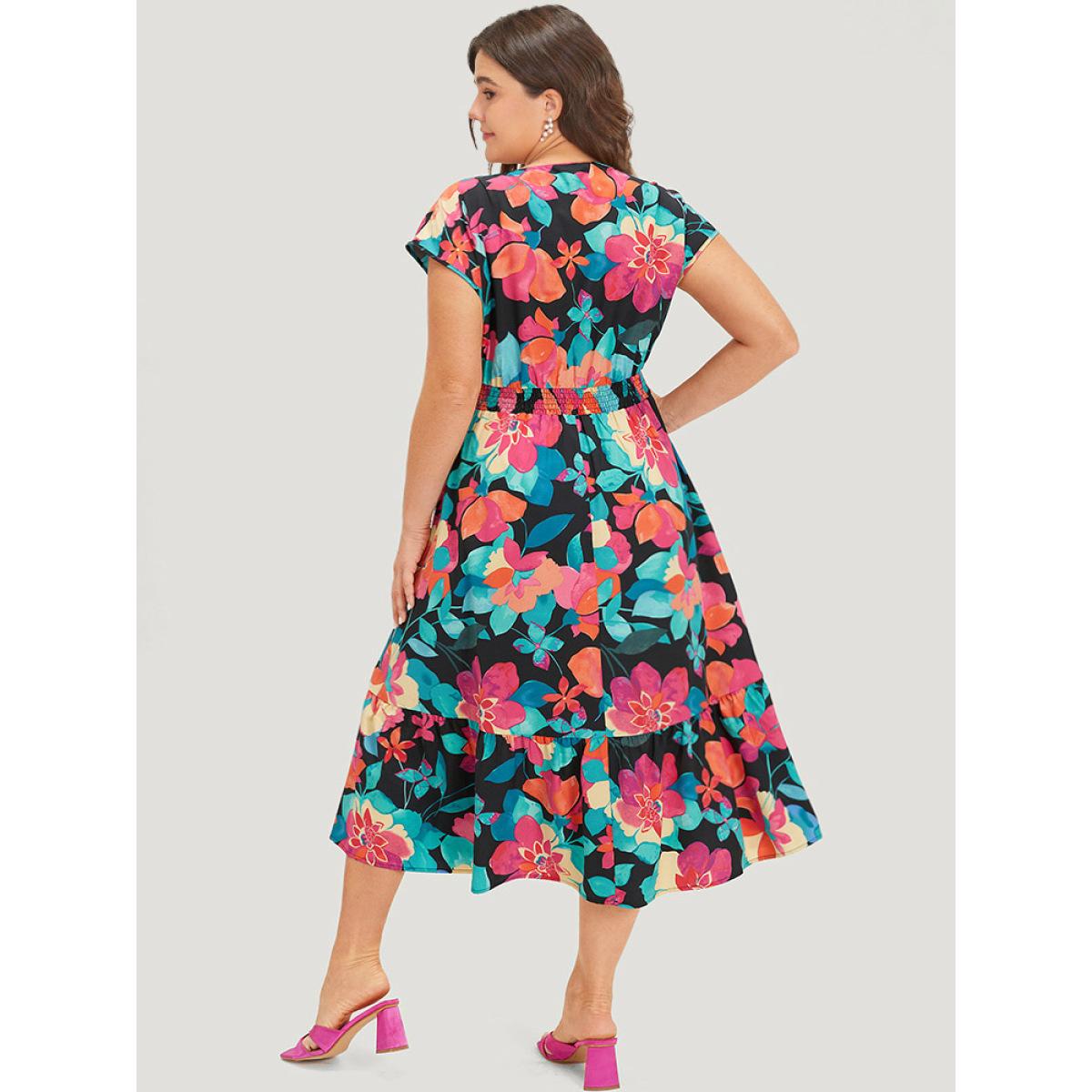 Plus Size Floral Shirred Overlap Collar Batwing Sleeve Dress Black Women Elegant Wrap V-neck Cap Sleeve Curvy Midi Dress BloomChic 14-16/1X Product Image