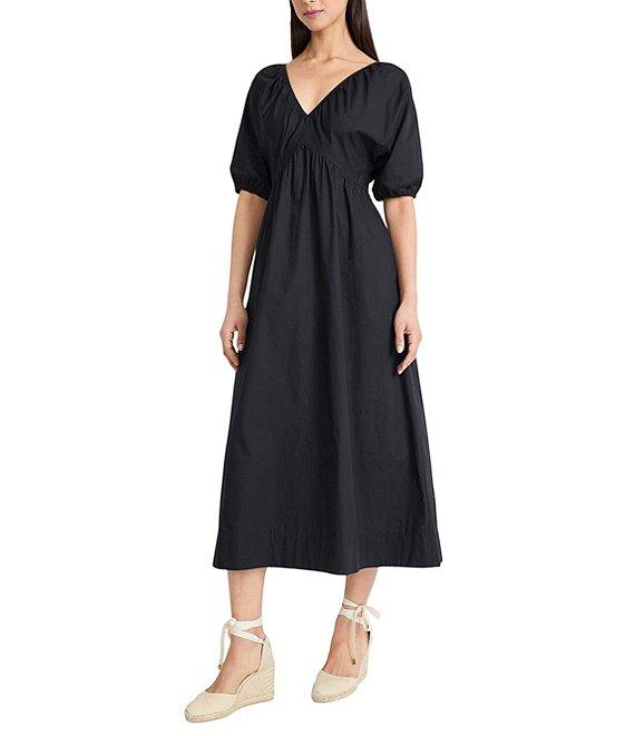 The Good Journey Double V Neck Puff Sleeve Tie Back Aline Cotton Poplin Midi Dress Product Image