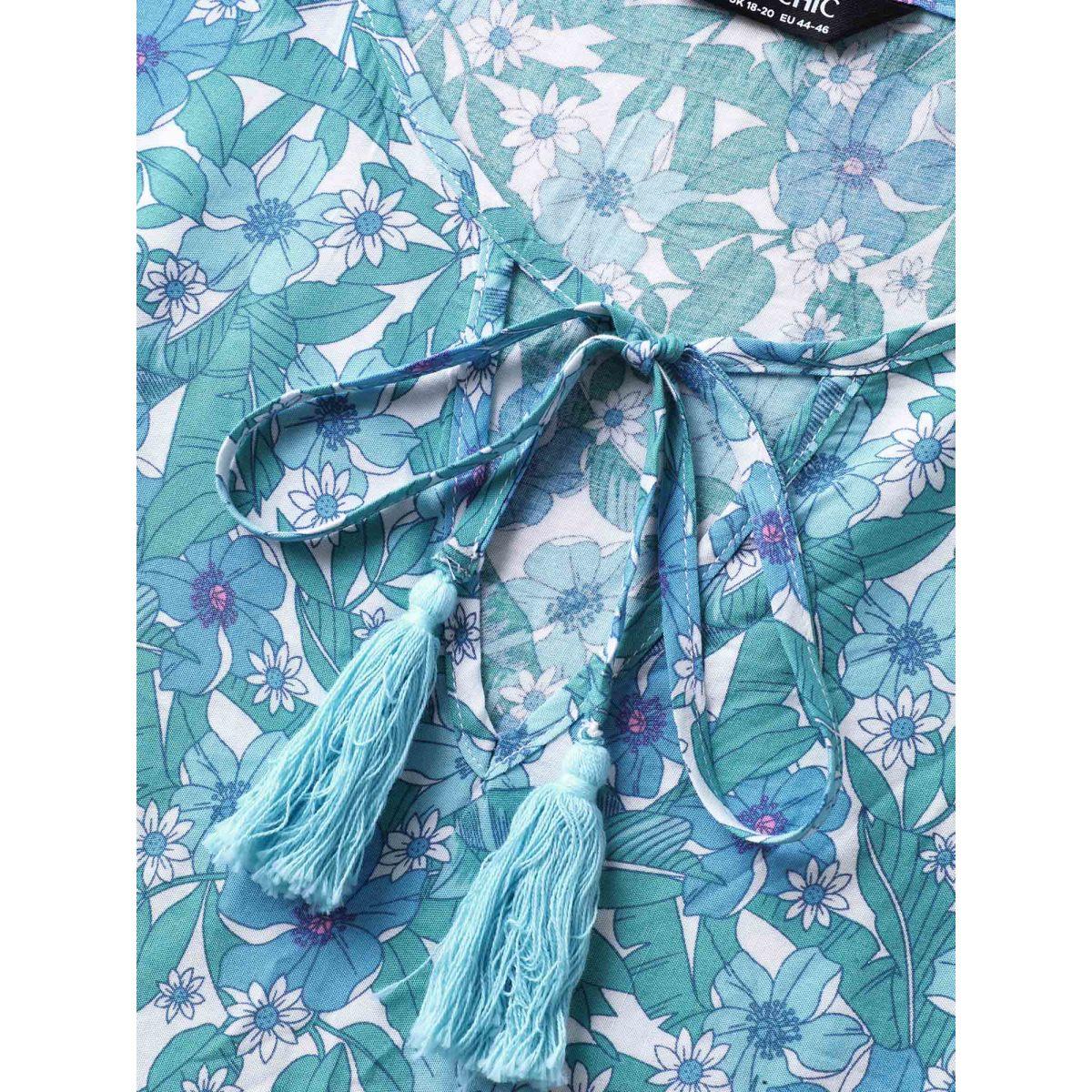 Plus Size Turquoise Boho Floral Print Color Contrast Blouse Women Boho Elbow-length sleeve V-neck Vacation Blouses BloomChic 18-20/2X Product Image