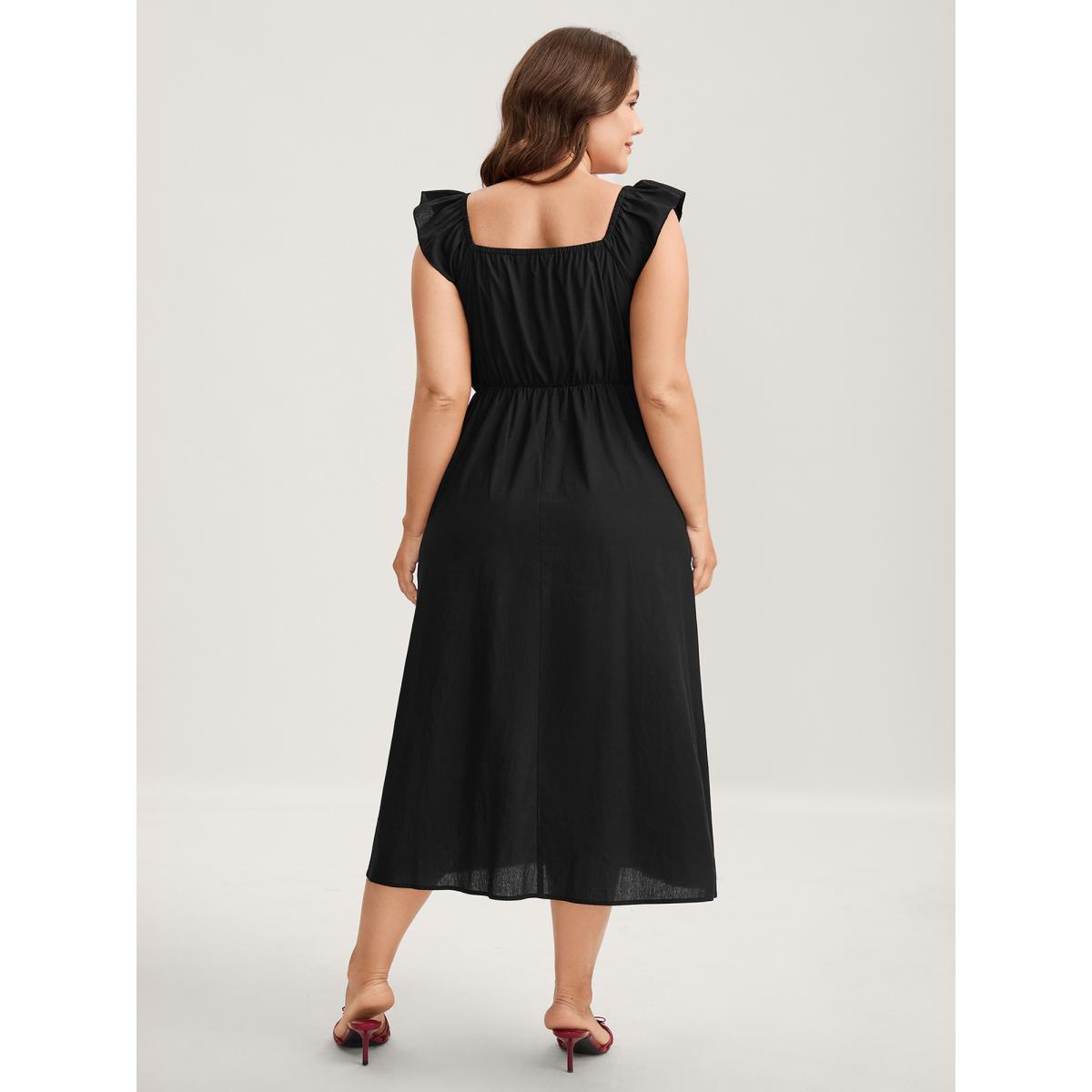 Plus Size Cotton Pleated Overlap Pockets Midi Dress Black Women Romantic Heart neckline Cap Sleeve Curvy BloomChic 10/M Product Image