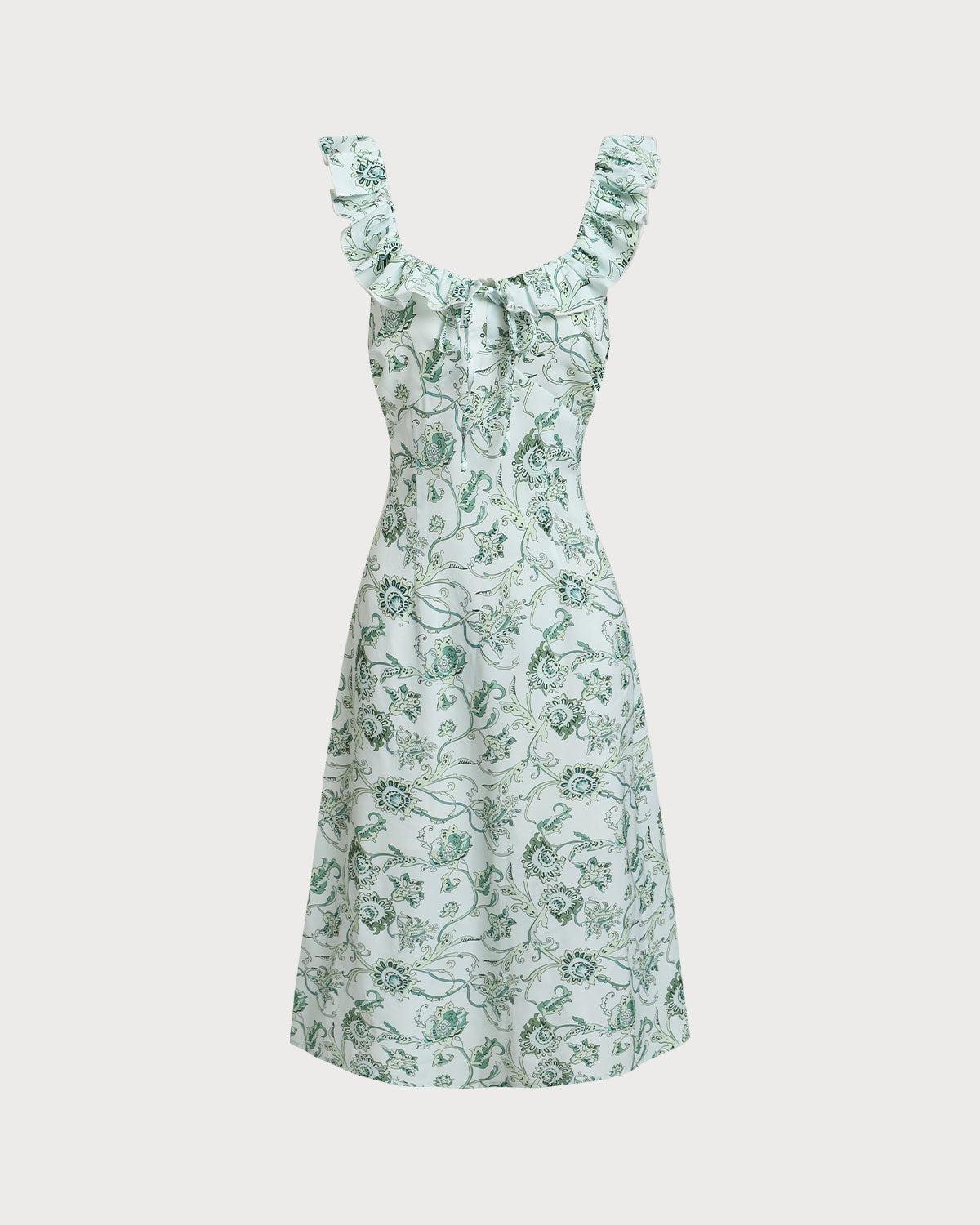 Green Floral Square Neck Ruched Midi Dress Product Image