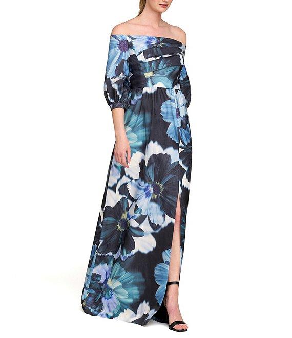 Kay Unger Alison Ots Floral Organza Mikado Off-The-Shoulder 3/4 Bishop Sleeve Pleated Column Gown Product Image