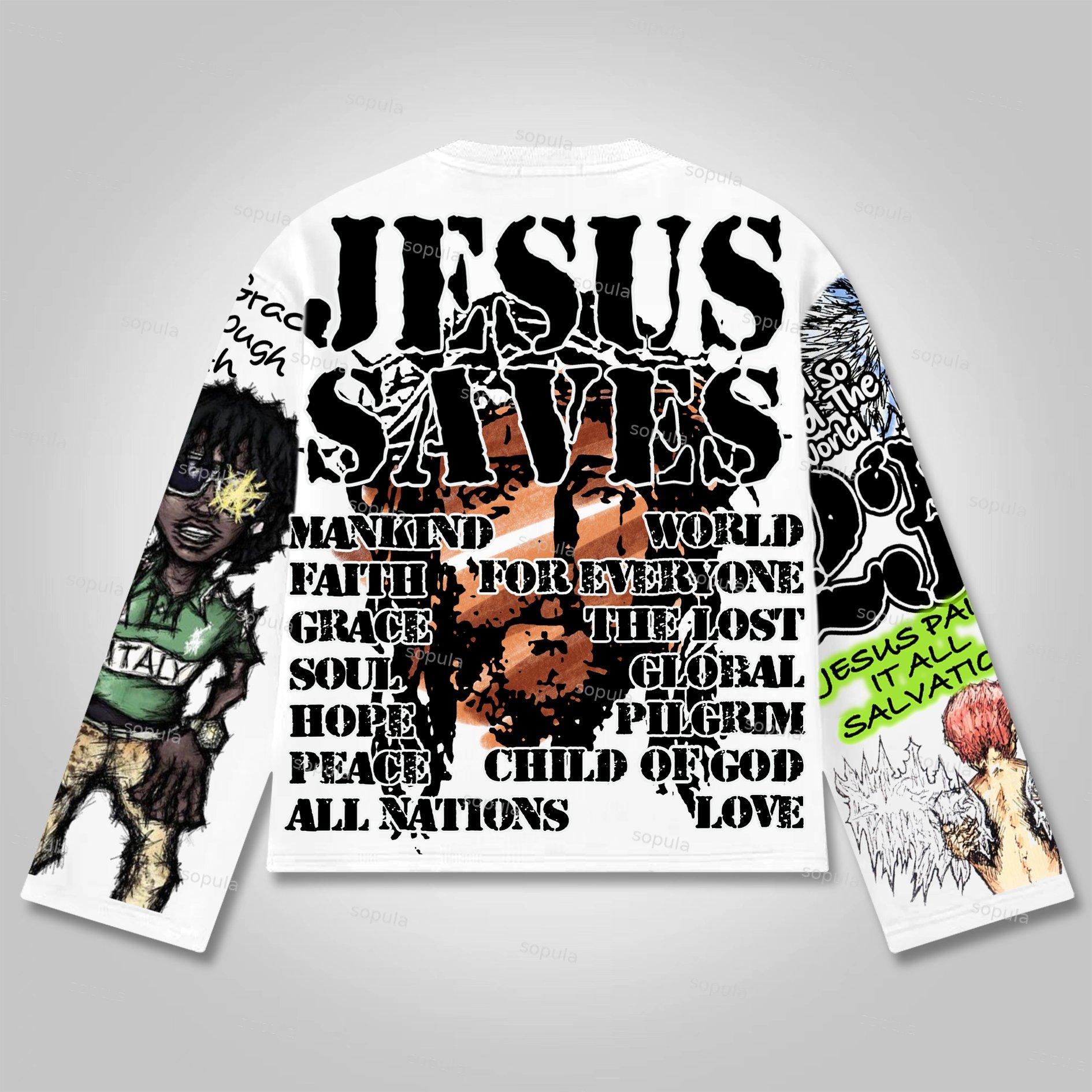 Sopula Vintage Graffiti Jesus Graphic Long Sleeve T-shirt Product Image