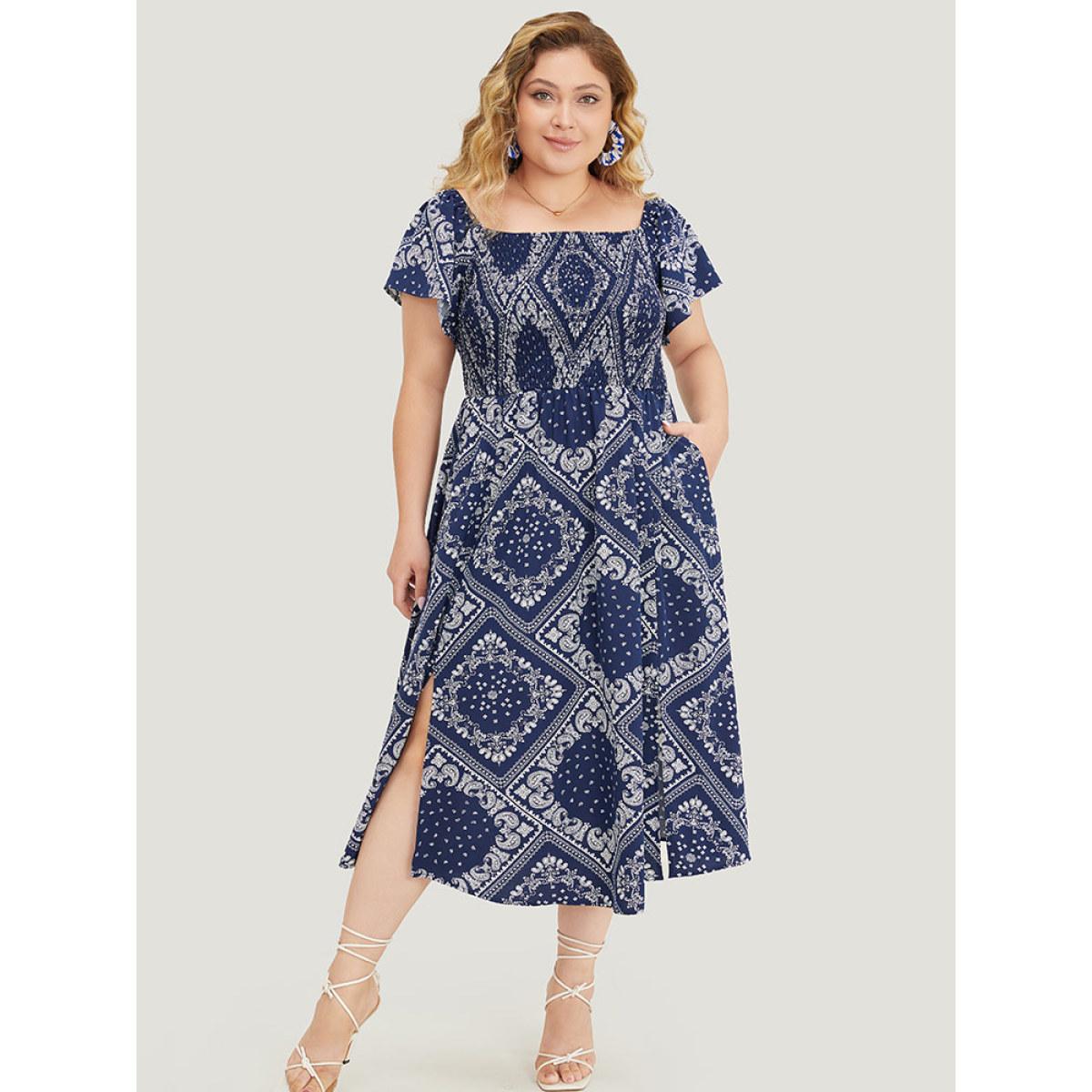 Plus Size Paisley & Moroccan Print Pocket Shirred Square Neck Split Dress DarkBlue Women Vacation Slit One-shoulder neck Short sleeve Curvy Midi Dress BloomChic 30/6X Product Image