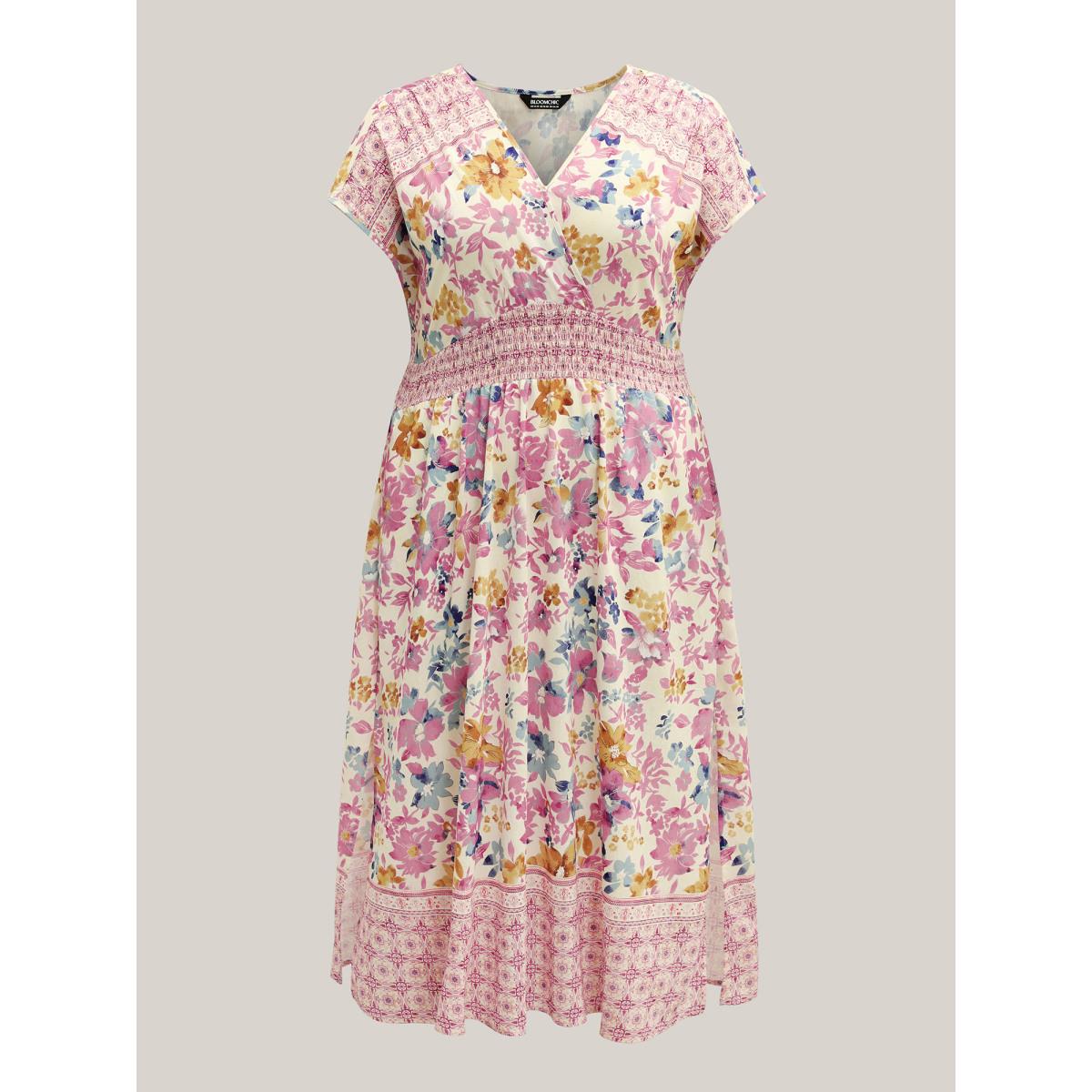 Plus Size Floral Shirred Waist Slit Midi Dress Lilac Women Overlap Collar Short sleeve Curvy BloomChic 14-16/1X Product Image