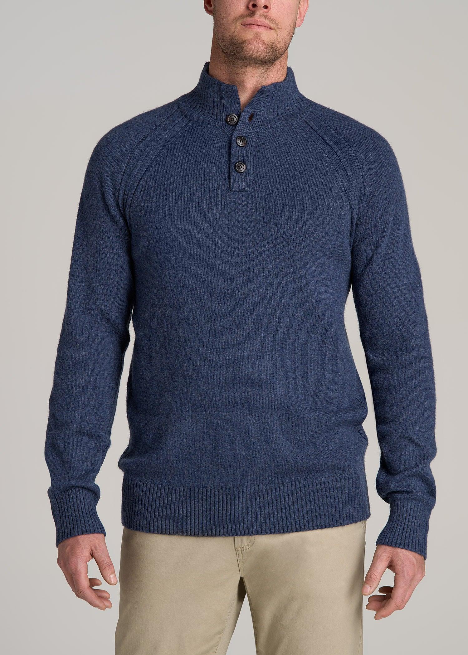 Three-Button Mock Neck Sweater for Tall Men in Deep Cobalt Mix Male Product Image