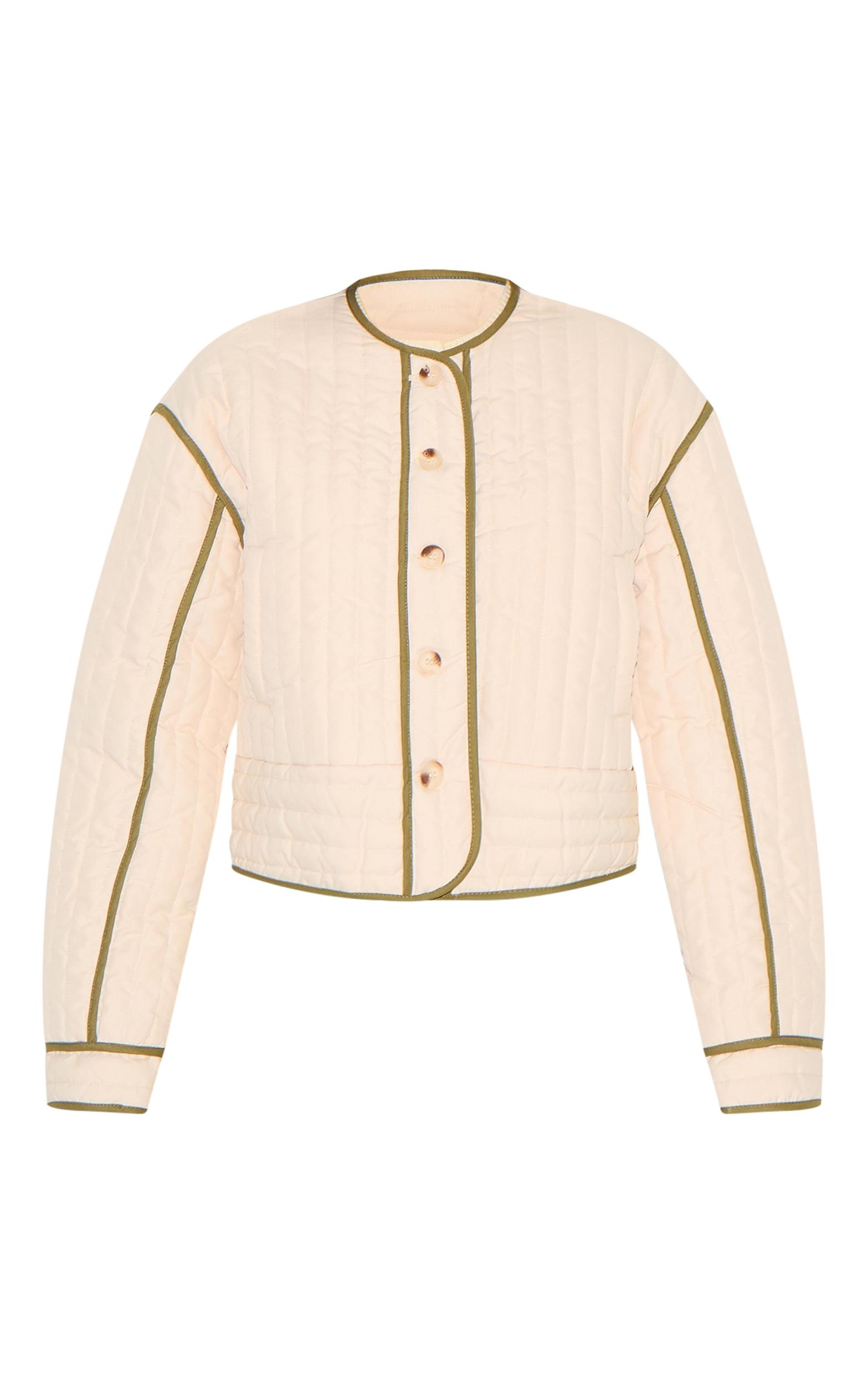  Cream Button Up Round Neck Quilted Jacket Product Image