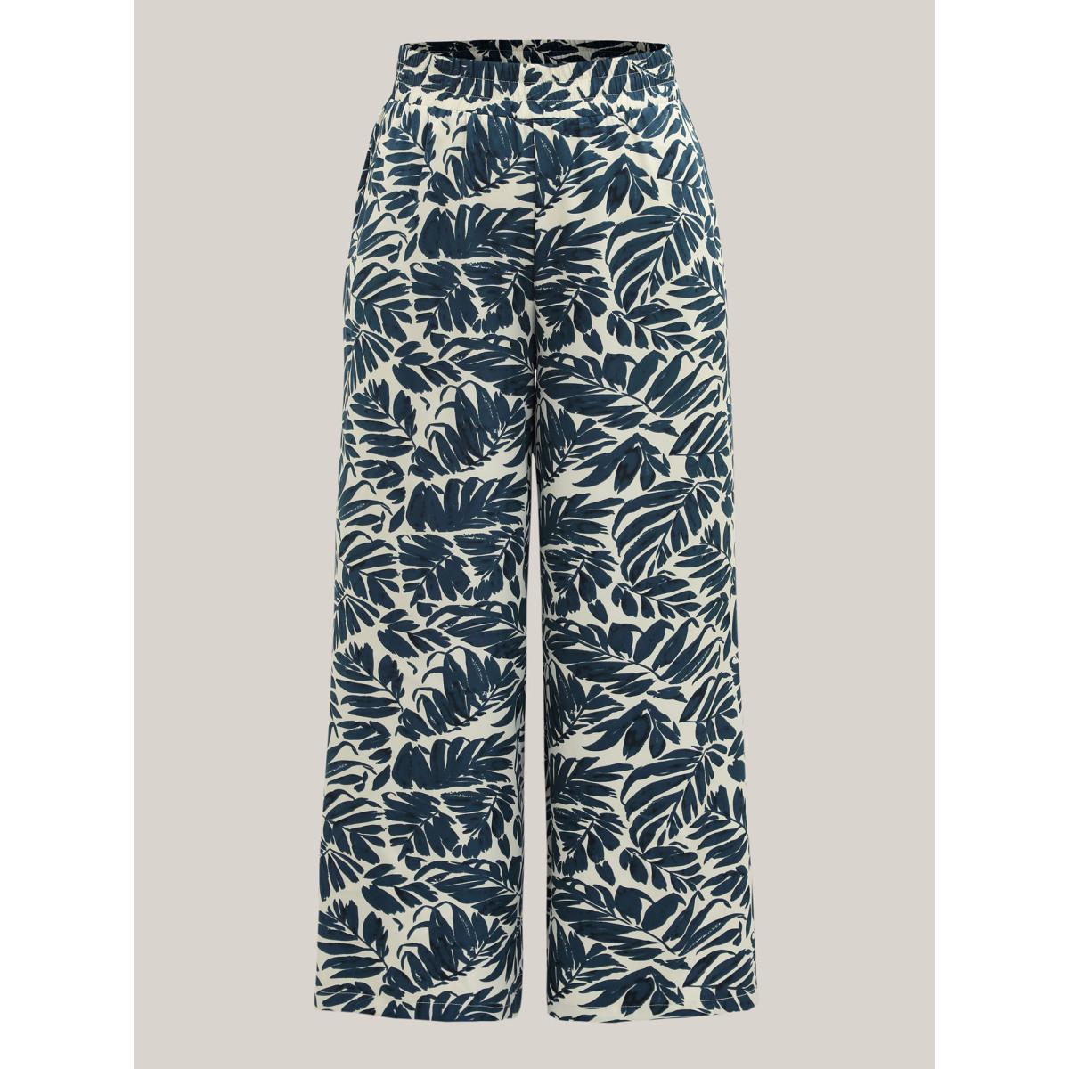 Plus Size Tropical Leaf Print Wide-Leg Pants Women Indigo Resort Wide Leg Mid Rise Vacation Pants BloomChic 30/6X Product Image