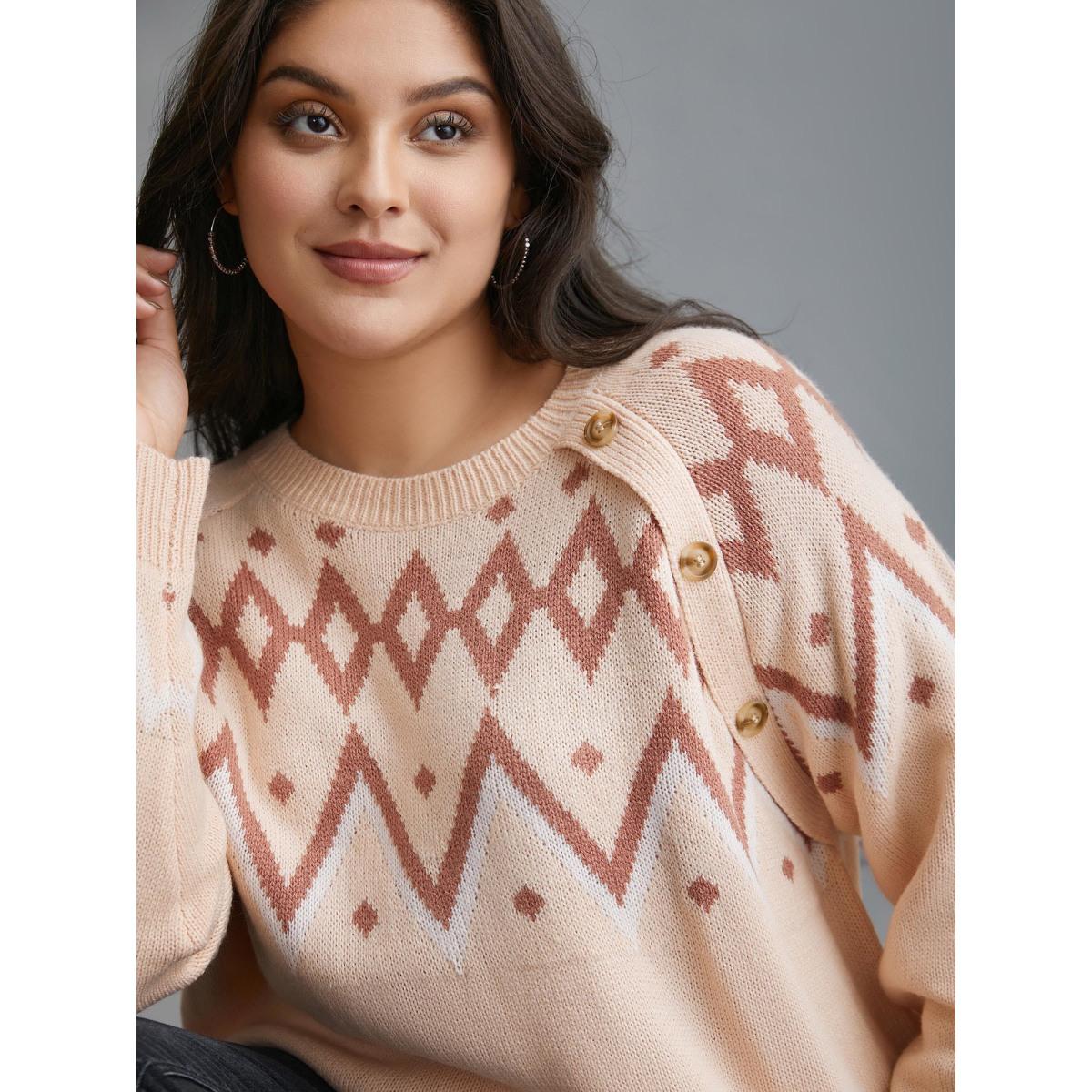 Plus Size Jacquard Print Button Round Neck Pullover Apricot Women Casual Loose Long Sleeve Round Neck Everyday Pullovers BloomChic 28/5X Product Image