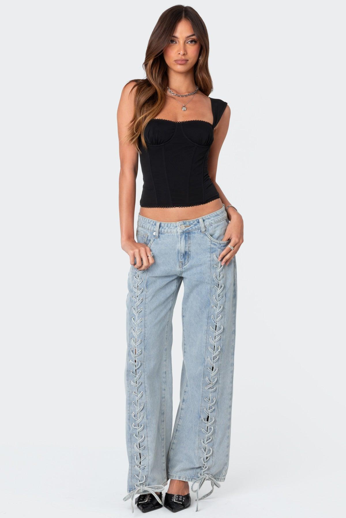 Laced Up Low Rise Baggy Jeans Product Image