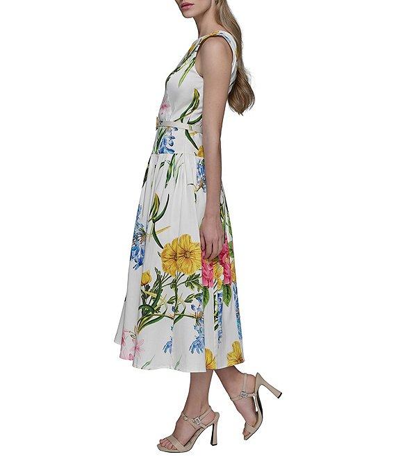 KARL LAGERFELD PARIS Poplin Floral Print Crew Neck Sleeveless Belted Drop Waist Midi Dress Product Image