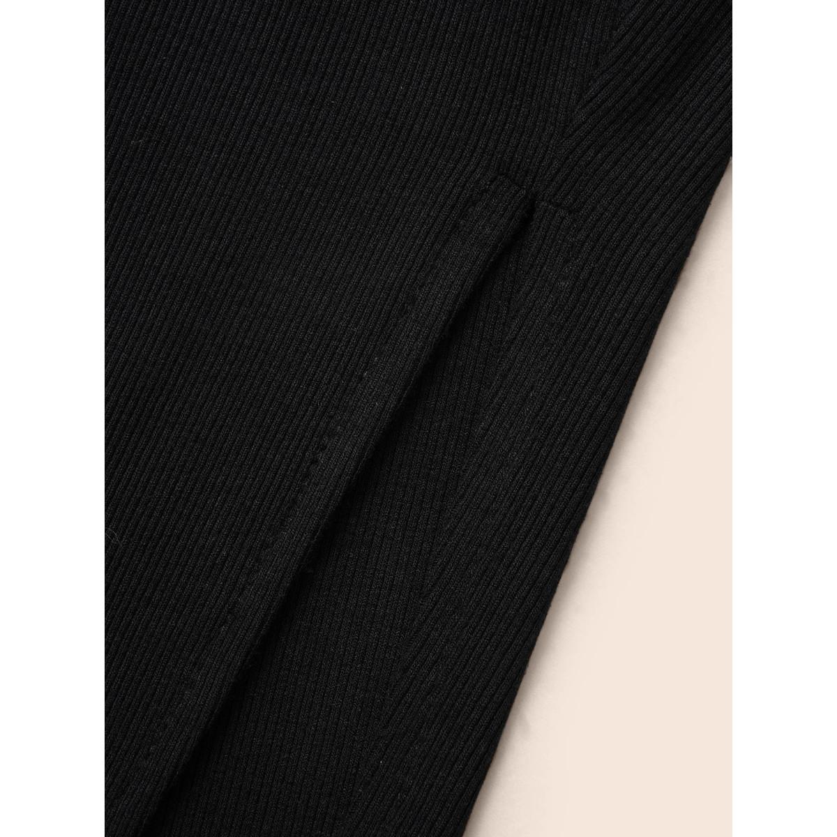 Plus Size Metal Detail Keyhole Split Hem Dress Black Women Elegant Texture Boat Neck Long Sleeve Curvy BloomChic 22-24/3X Product Image