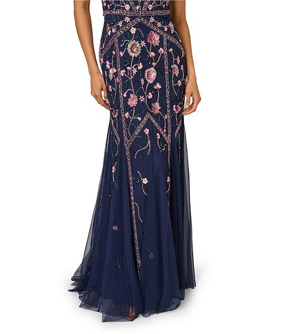 Adrianna Papell Beaded Mesh Floral Godet Gown Product Image