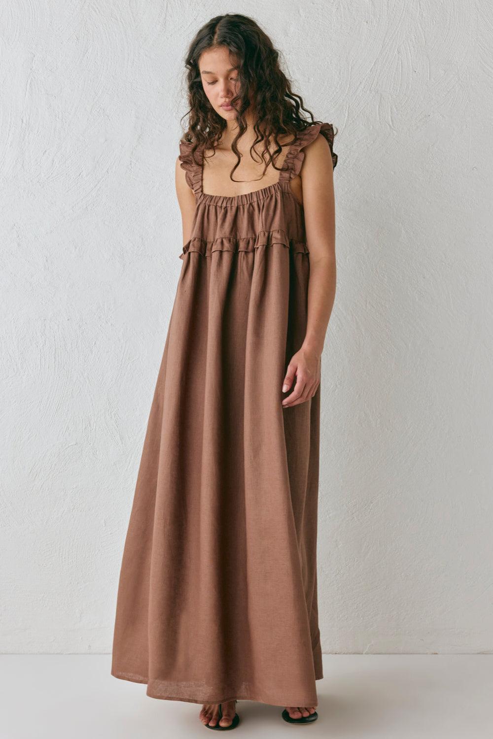 Rossana Linen Maxi Dress Chocolate Product Image