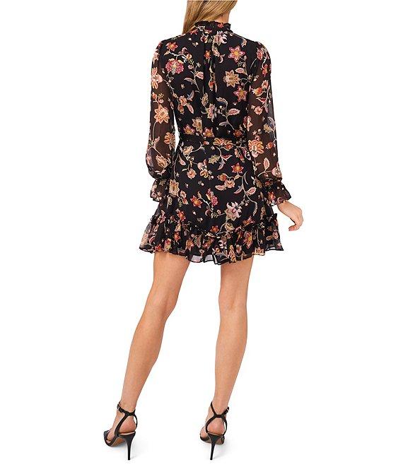CeCe Woven Paisley Print Ruffled V-Neck Long Sleeve Pleated Dress Product Image