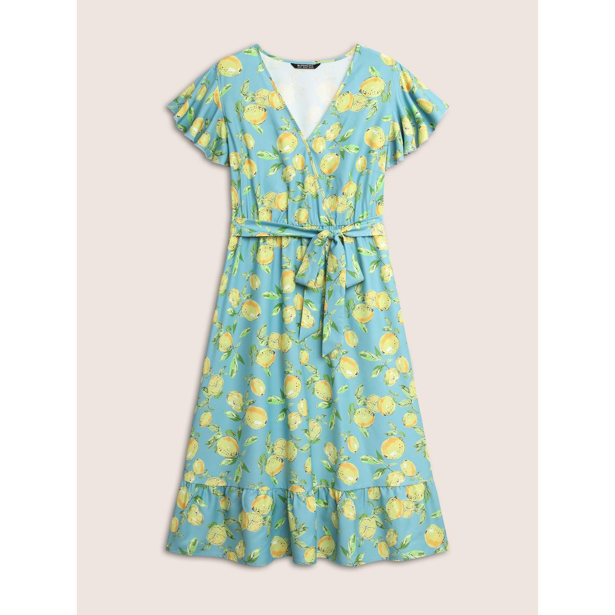 Plus Size Citrus Lemon Print Ruffle Cap Sleeve Belted Dress Blue Women Elegant Belted V-neck Cap Sleeve Curvy Midi Dress BloomChic 18-20/2X Product Image