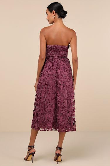 Quite Perfect Purple Floral Embroidered Strapless Midi Dress Product Image