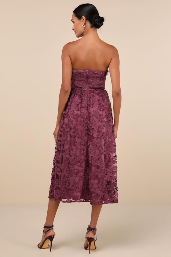 Quite Perfect Purple Floral Embroidered Strapless Midi Dress Product Image