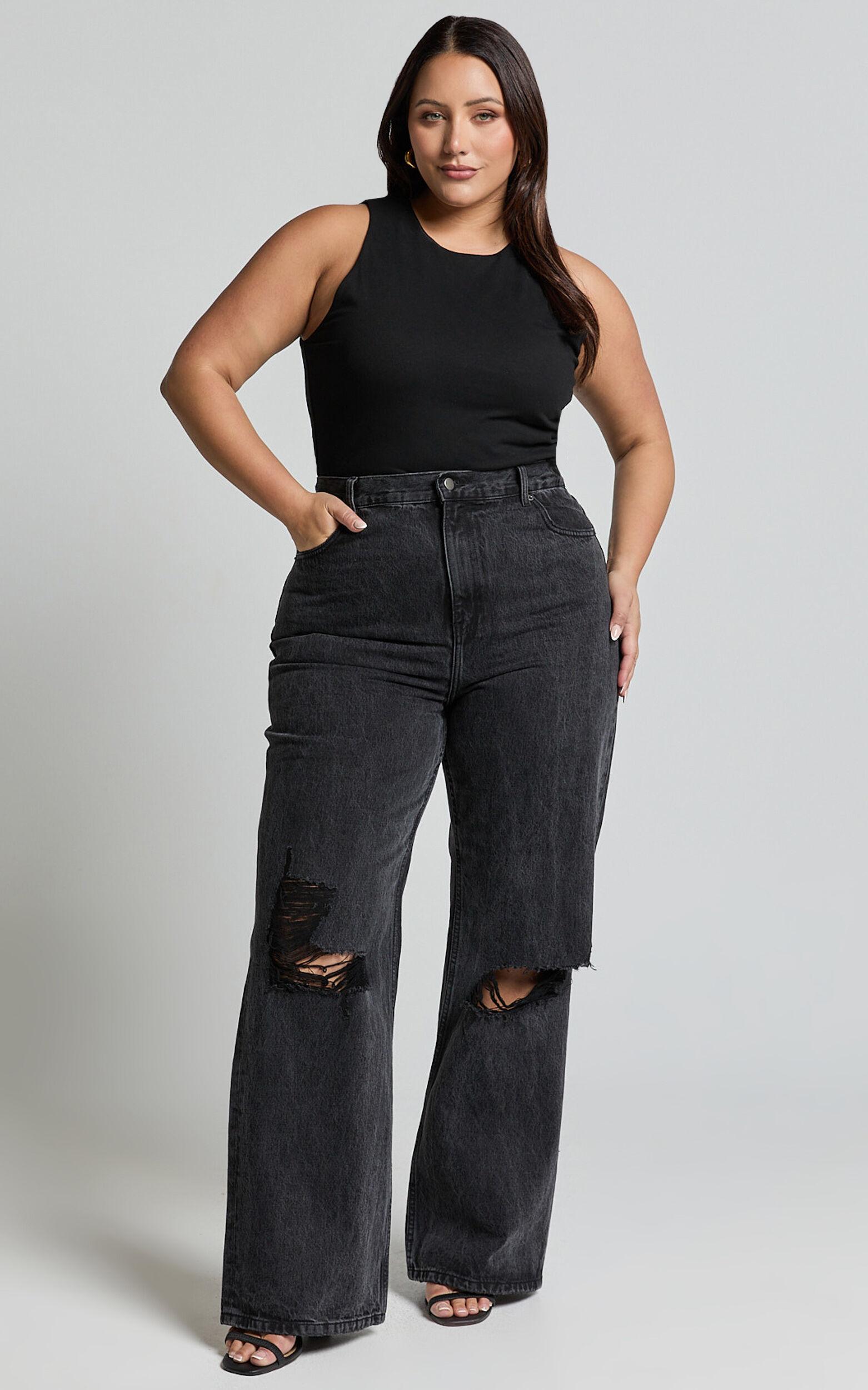 Miho Jeans - High Waisted Recycled Cotton Distressed Straight Leg Denim Jeans in Washed Black Product Image