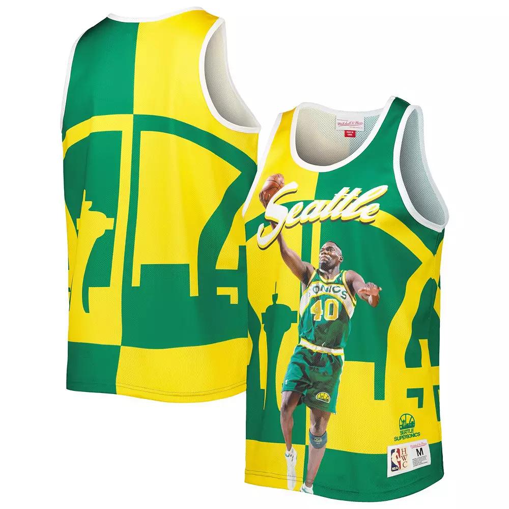 Men's Mitchell & Ness Shawn Kemp Green/Gold Seattle SuperSonics Sublimated Player Tank Top, Size: Medium, Nba Green Product Image