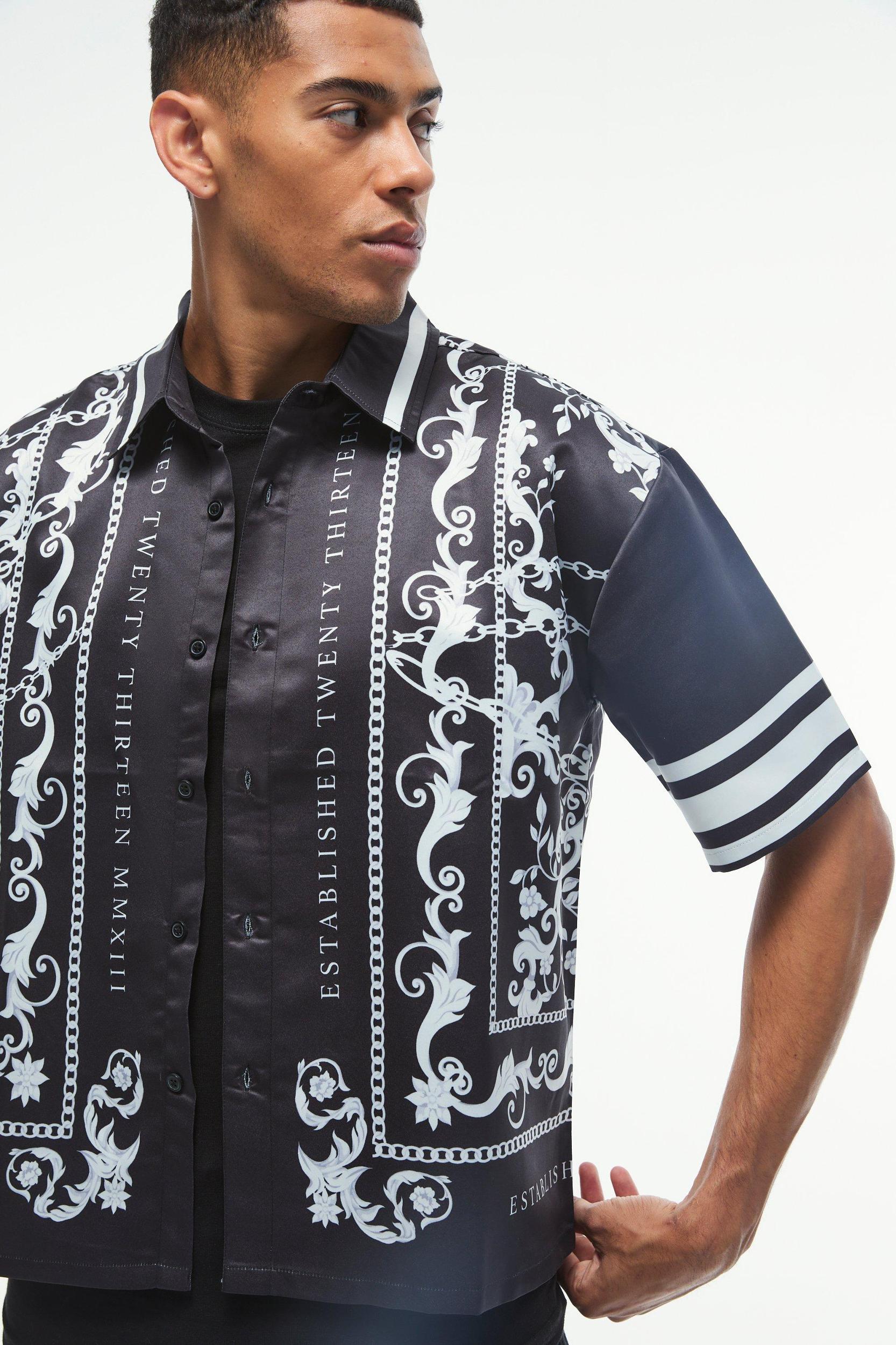 Oversized Satin Border Print Boxy Shirt | boohooMAN USA Product Image