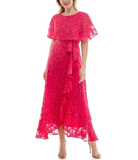 Moda Tara Foil Chiffon Short Capelet Sleeve Crew Neck Ruffle Skirt Maxi Dress Product Image