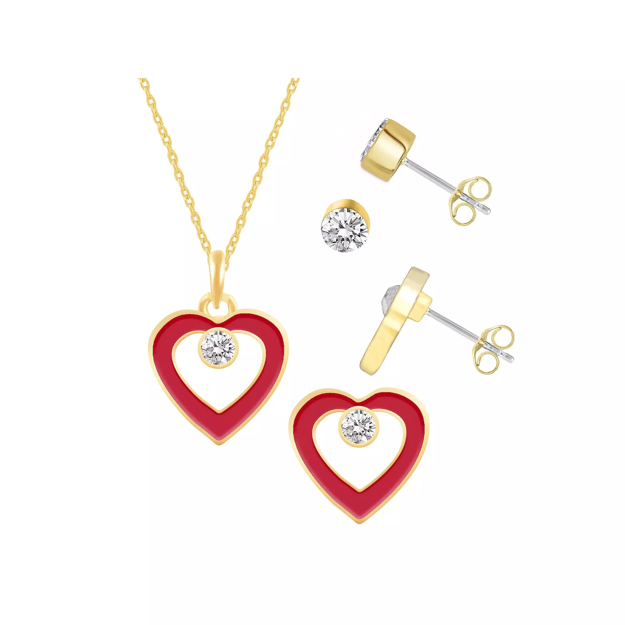 Royal Aura Red Enamel Heart & Stud Earring Trio Set, Women's, Size: 17", Gold Tone Red Product Image