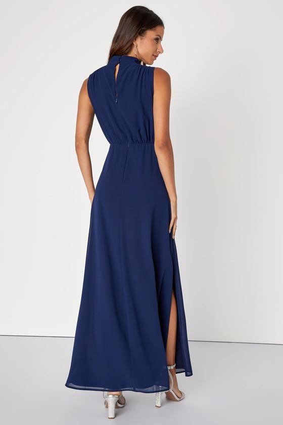 Classic Elegance Navy Chiffon Sleeveless Mock Neck Maxi Dress Product Image