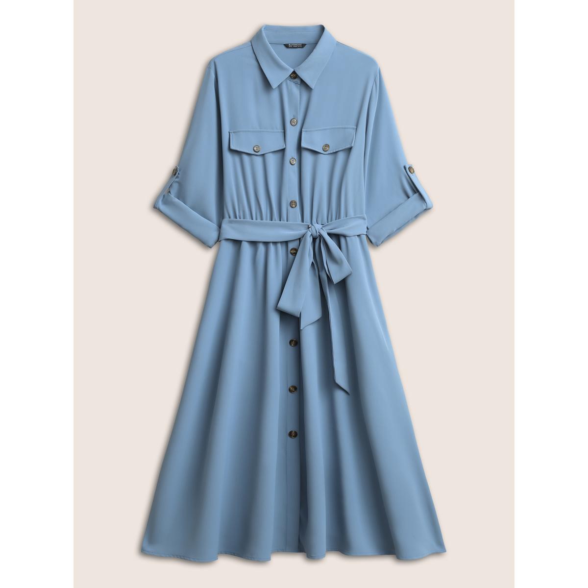 Plus Size Static-Free Solid Flap Detail Tab Sleeve Dress Stone Women Work From Home Non Shirt collar Long Sleeve Curvy Midi Dress BloomChic 28/5X Product Image